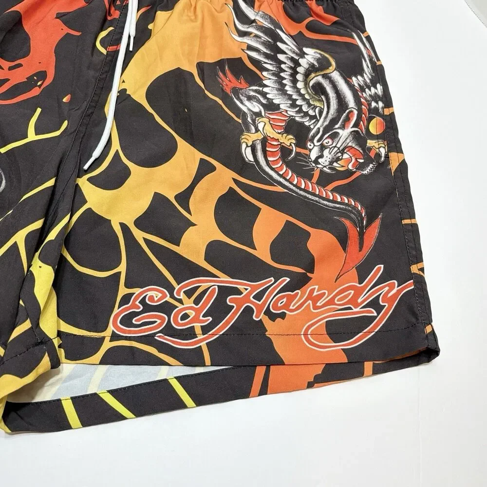 Ed Hardy Panther Swim Trunks Shorts Men's L Black 5” Inseam Nova Men